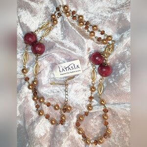 Latacia Statement Necklace Matte Gold Tone Red Jade Look Beaded Dangle NWT